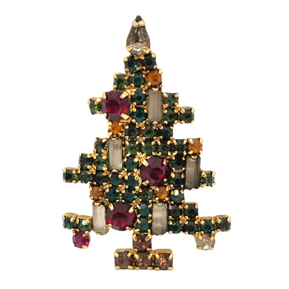 Vintage Weiss 5 Candle Rhinestone Christmas Tree Brooch Pin Gold Tone Holiday - Picture 1 of 10